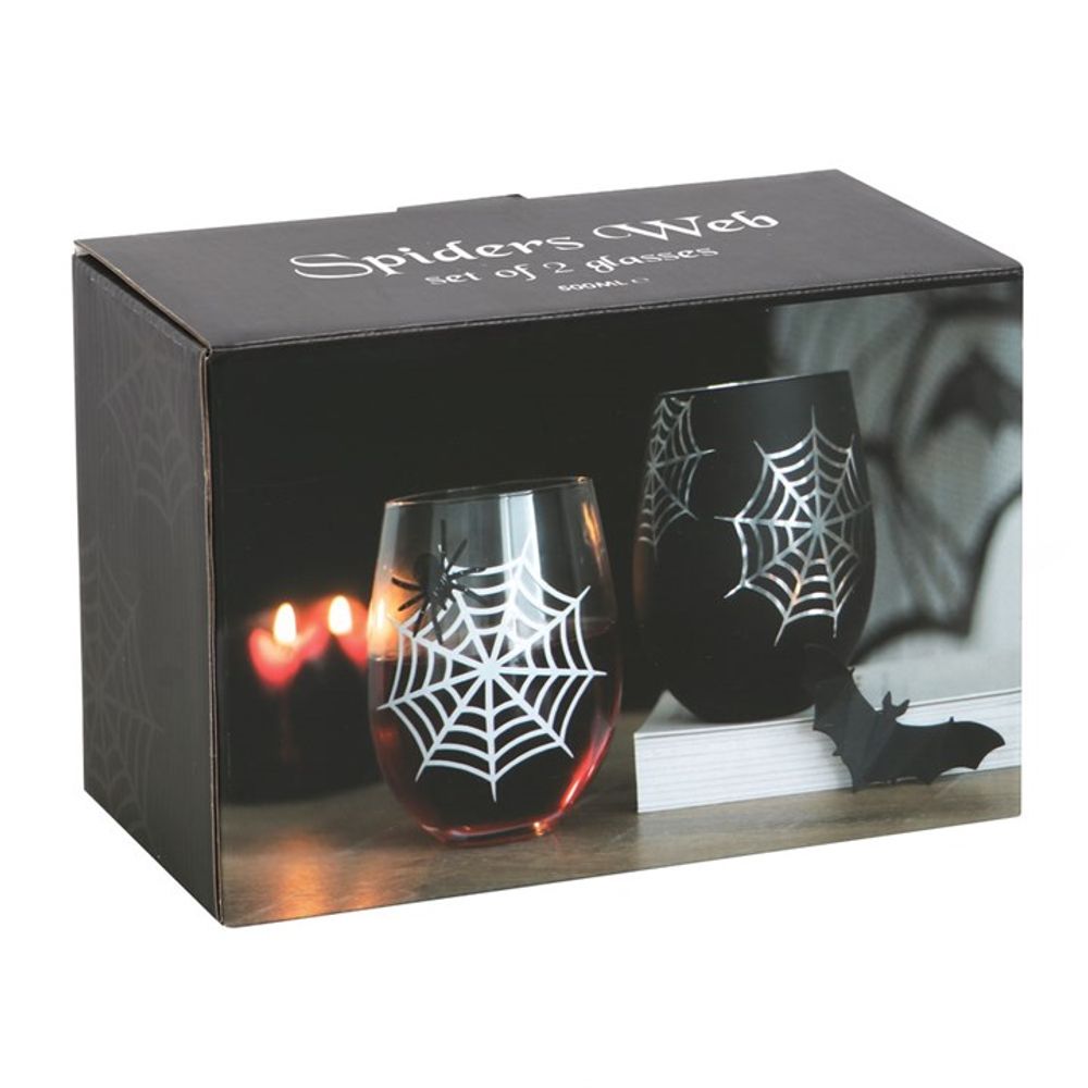 Set of 2 Spider and Web Stemless Wine Glasses