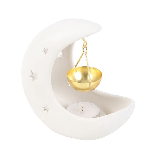 White Crescent Moon Hanging Ceramic Oil Burner with Gold Metal Dish