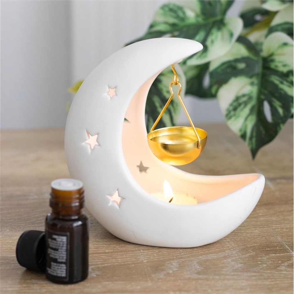 White Crescent Moon Hanging Ceramic Oil Burner with Gold Metal Dish